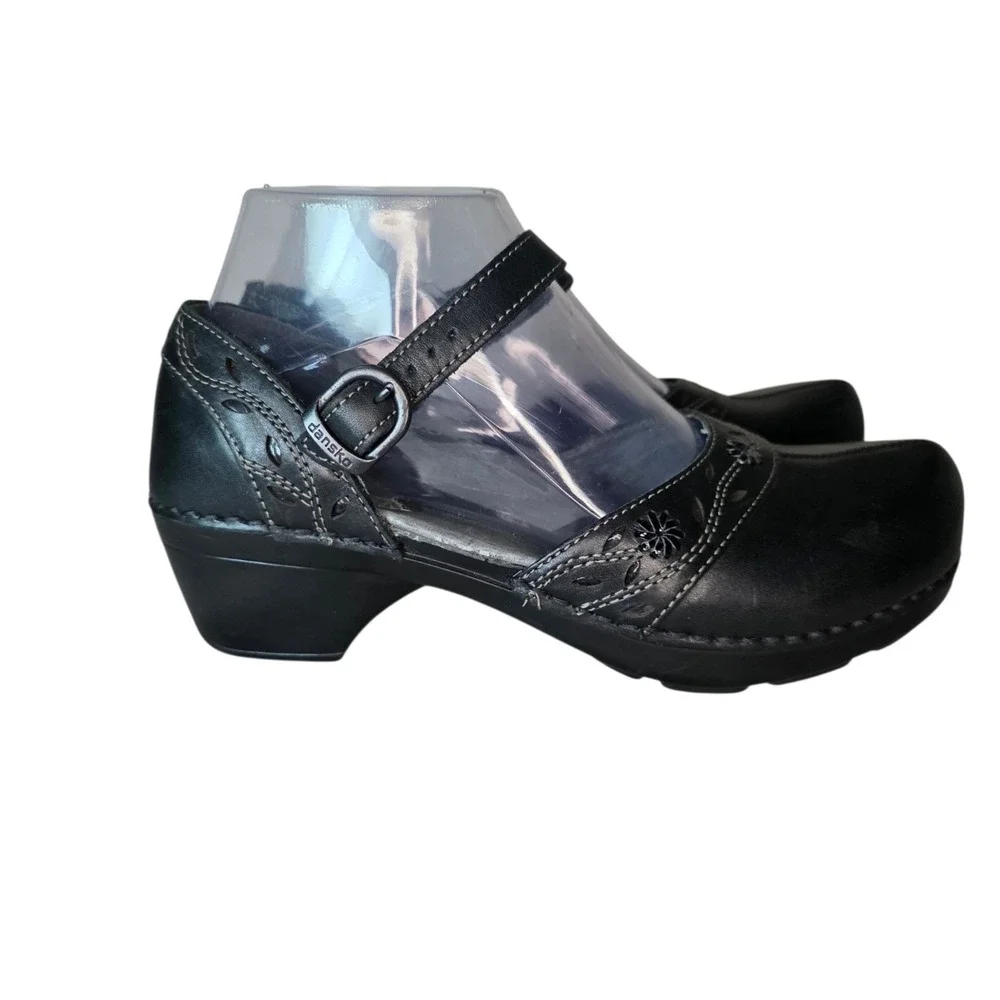 Dansko Womens EU 37 Black Leather Adjustable Strap Mary Jane Comfort Clogs